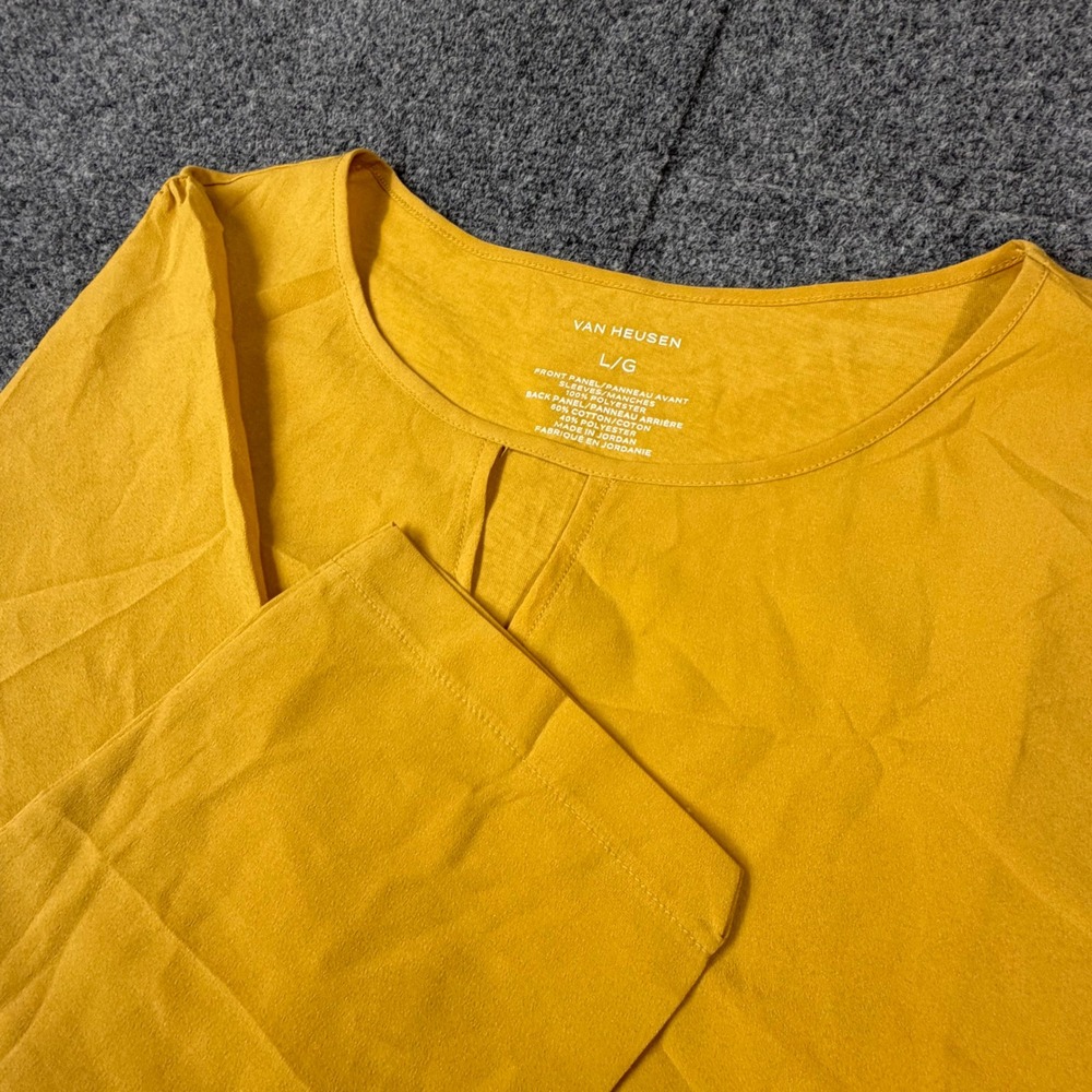 Van Heusen Womens Mustard Yellow 3/4 Sleeve Mixed Media Keyhole Blouse Large